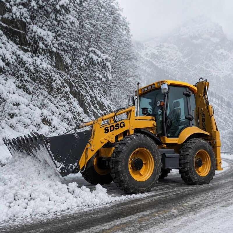 SDSG backhoe loader clearing snow on a mountain road