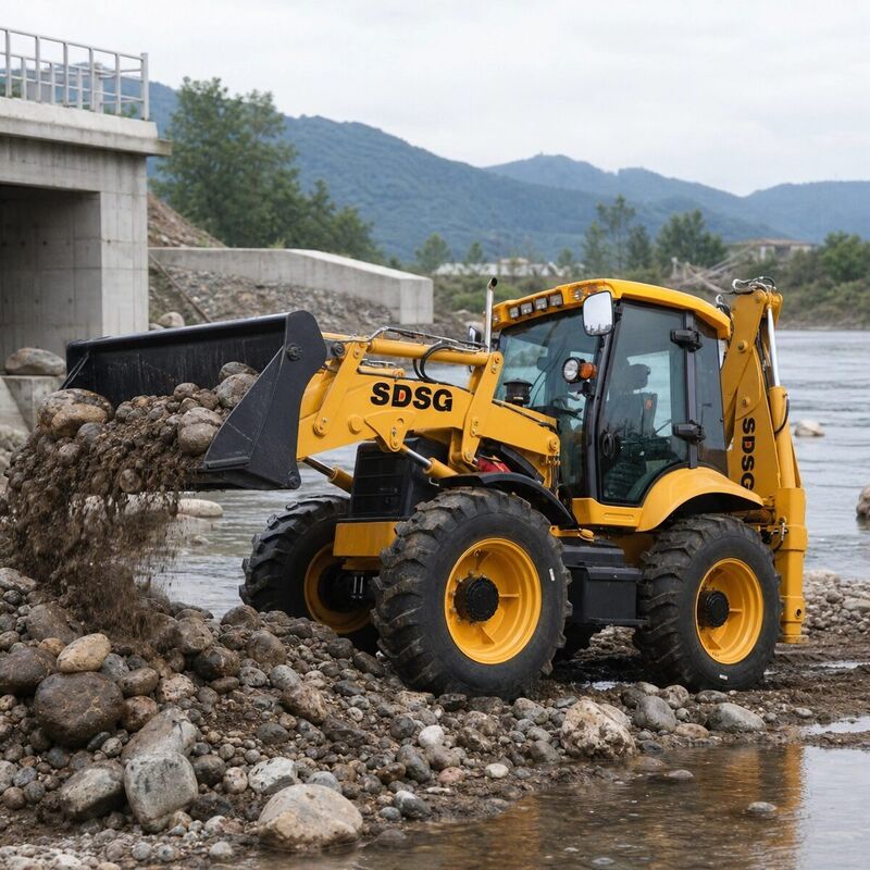 SDSG 388 backhoe loader loading gravel at a riverbed